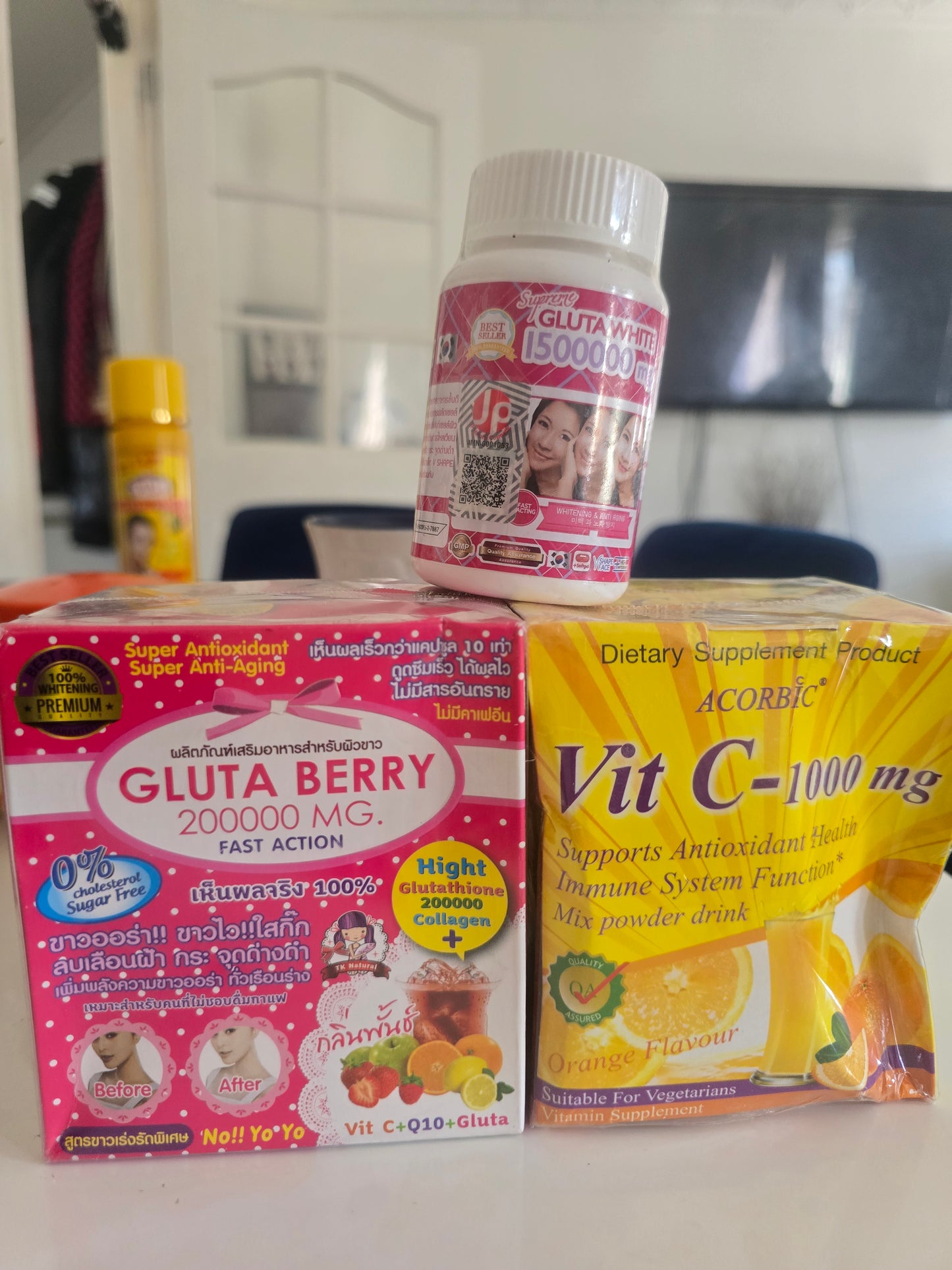 Gluta Berry 200000mg Drink Skin Whitening AntiAging  Acne Wrinkle Scar Dark Spots,                     Acorbic Vit C 1000mg Orange Flavour Mix Powder Drink For Anti-Aging and                    GLUTA WHITE 1500000 mg Promotes skin whitening and anti-aging